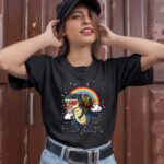 Baby Yoda Holding Lightsaber Riding Dinosaur Rainbow 1 T Shirt