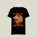 Baby Yoda My Broom Stick Runs on Papa Johns Pizza Logo Halloween 2 T Shirt