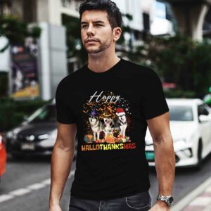 Happy HalloThanksMas Siberian Huskies Halloween Thanksgiving Christmas 0 T Shirt