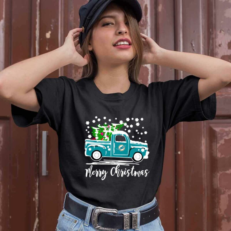 Vintage Car Carrying Christmas Tree Miami Dolphins Merry Christmas 0 T Shirt